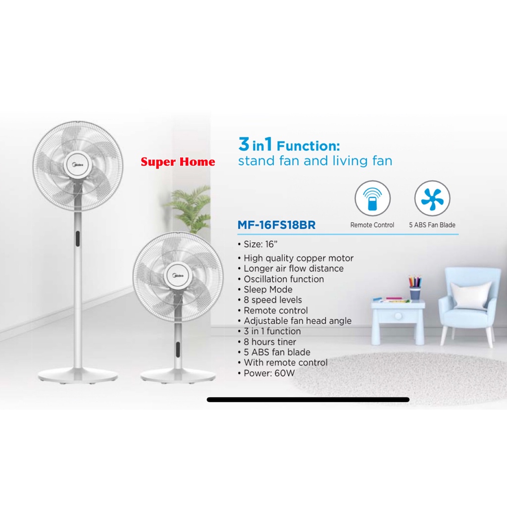 Midea Stand Fan with remote control MF-16FS18BR 16 inch 3 in 1 Function ...