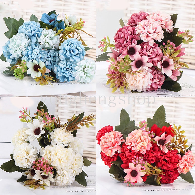 Artificial Chrysanthemum Hydrangea Flower Silk Flower with Leaves Home Party Festive DIY Decoration Wedding Flowers Bouquet