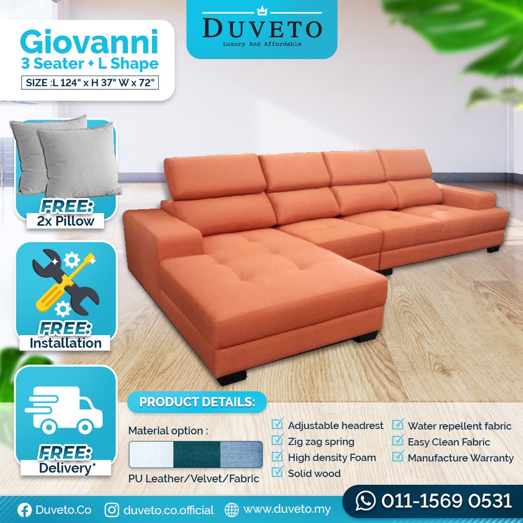 4 Seater L Shape 10.3 Feet L Shape Sofa GIOVANNI [Fabric Sofa] MODERN SOFA/LShape besar/Sofa L