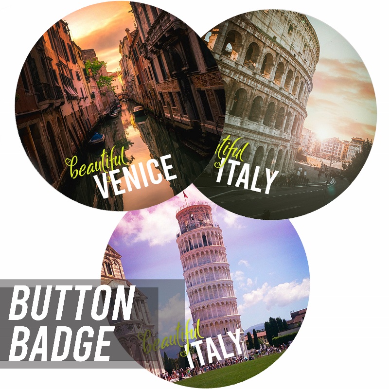 Button Badge Italy Venice Colloseum Pisa Souvenir Gift 50 mm