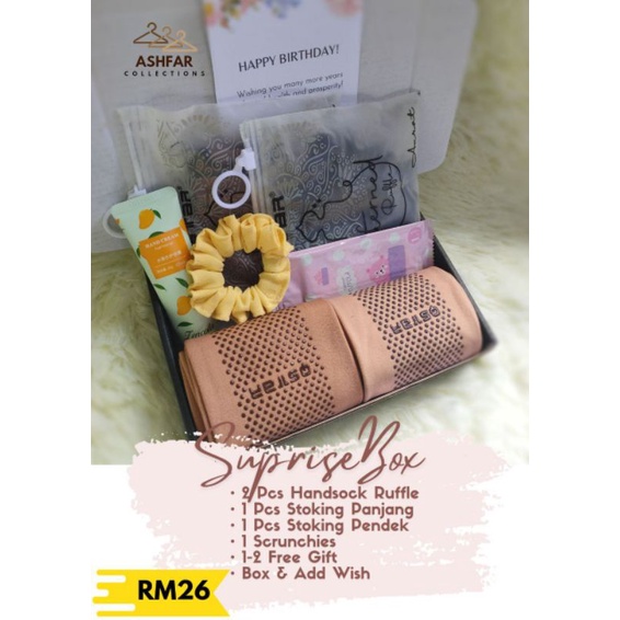 [ BASIC BOX ] Surprise Delivery Gift Box Birthday Anniversary Budget Wish Card Chocolate Tudung Purdah Stokin Handsock