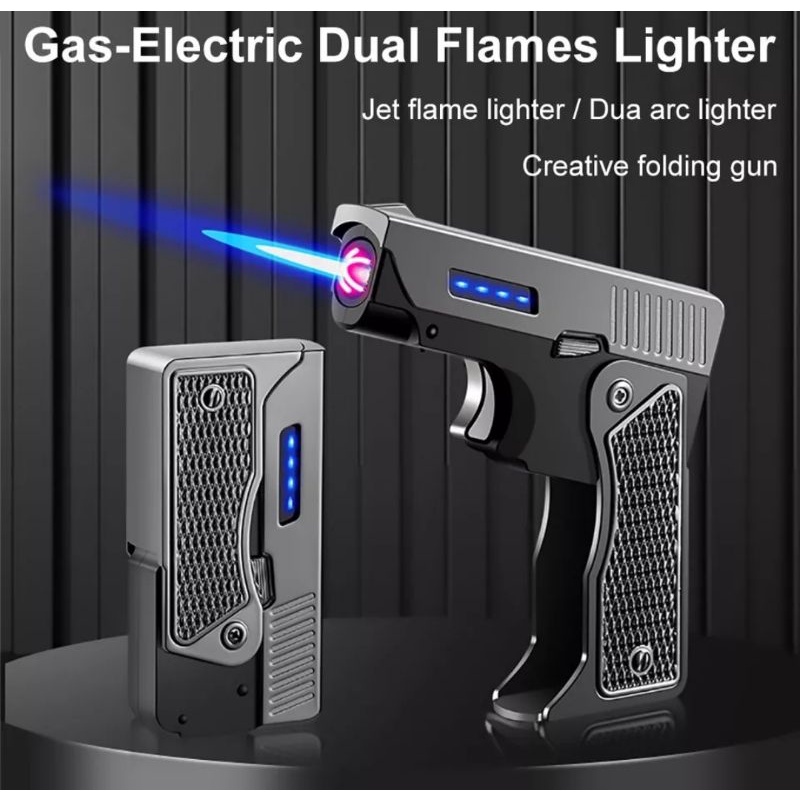 Uniqui Windproof Gas-Electric Plasma USB Rechargable Lighter Gift For Men Folding Gun Butane Torch Turbo Jet Flame