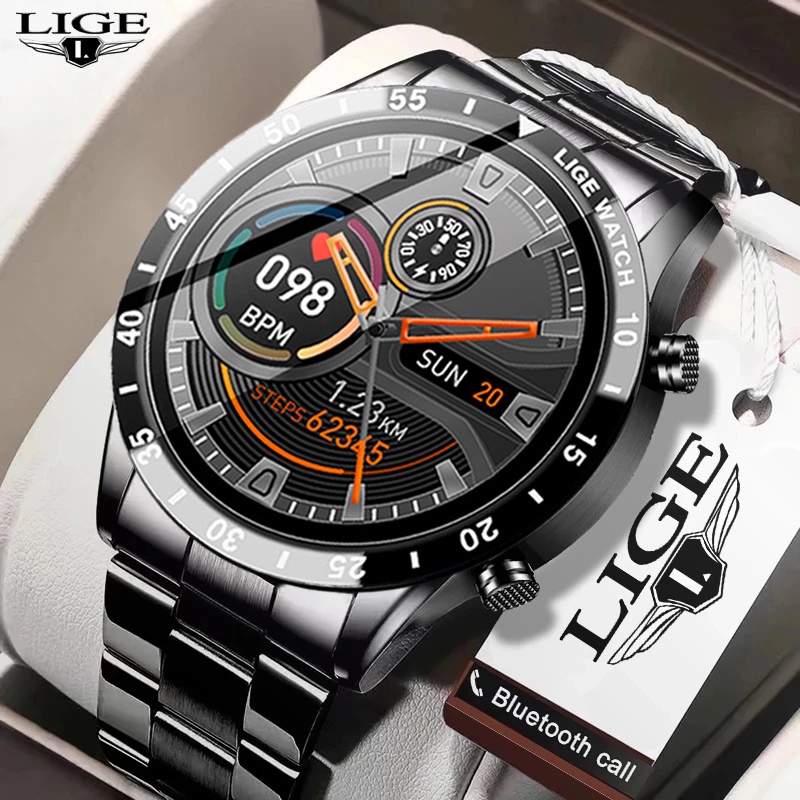 LIGE Full Touch Screen Luxury Men Smart Watch Waterproof Sport Fitness Watch Bluetooth call Smart Watch For Men