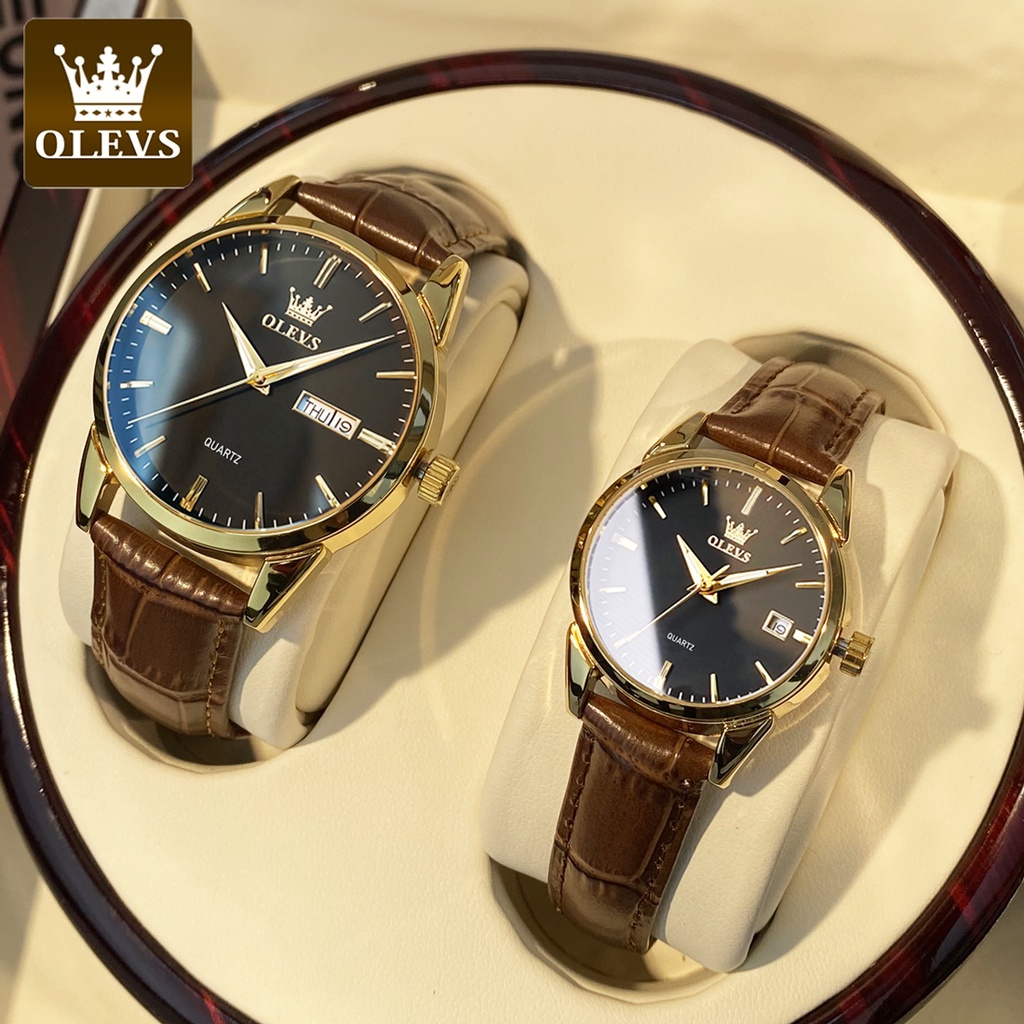 Olevs Jam Tangan Couple Set Pasangan Murah Original Jam Tangan Lelaki Perempuan Brown Leather Couple Quartz Analog Watch Casual Luxury Watches Date Waterproof Luminous Watches