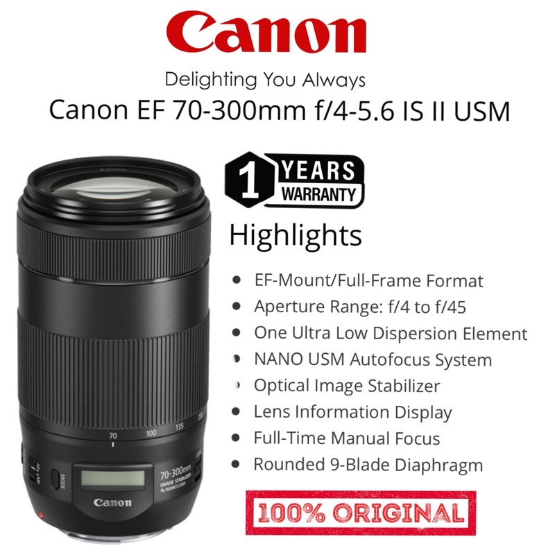 CANON EF 70-300MM F/4-5.6 IS II USM ZOOM LENS FULL FRAME FORMAT ULTRASONIC LENS HIGH SPEED SUPER ZOOM SPORT LENS