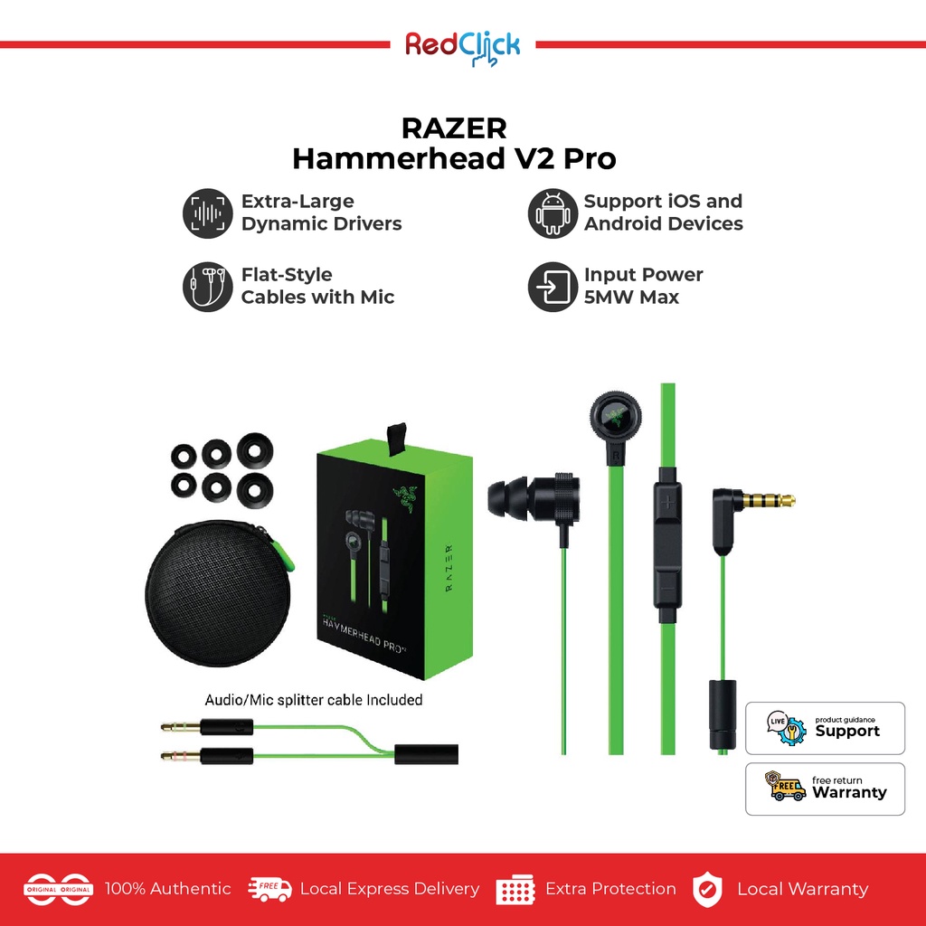 Razer Hammerhead V2 Pro 10mm Extra Large Dynamic Drivers Flat Style Cables With Mic Original Razer Product Shopee Malaysia