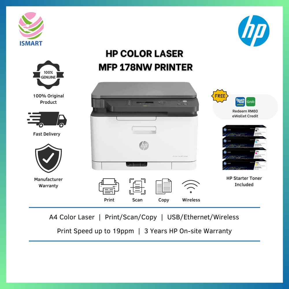 HP Printer Color Laser MFP 178nw ( Print, Scan, Copy, USB, Ethernet, Wi ...