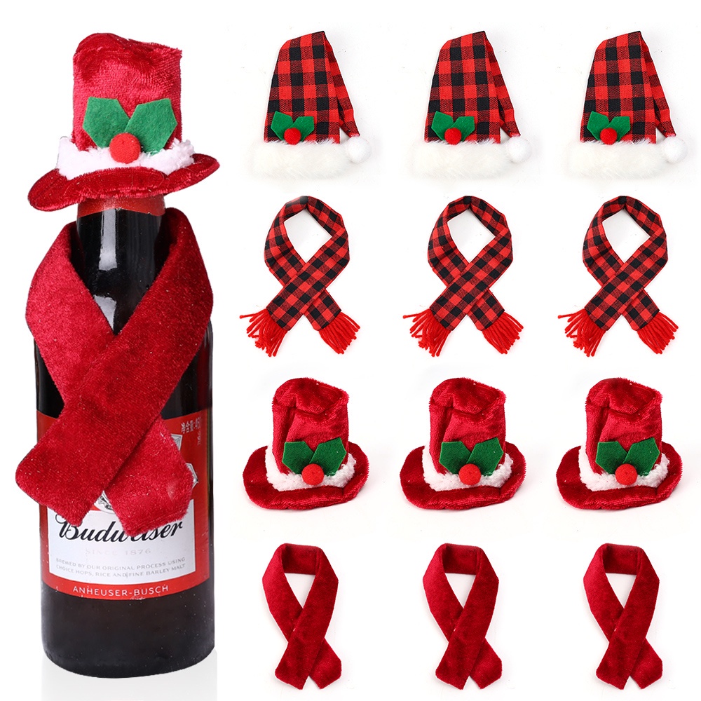 2 Pcs/set Christmas Creative Scarf Hat Set Red Wine Bottle Cover Hotel Restaurant Supplies Merry Christmas Decor for Home Xmas Ornaments