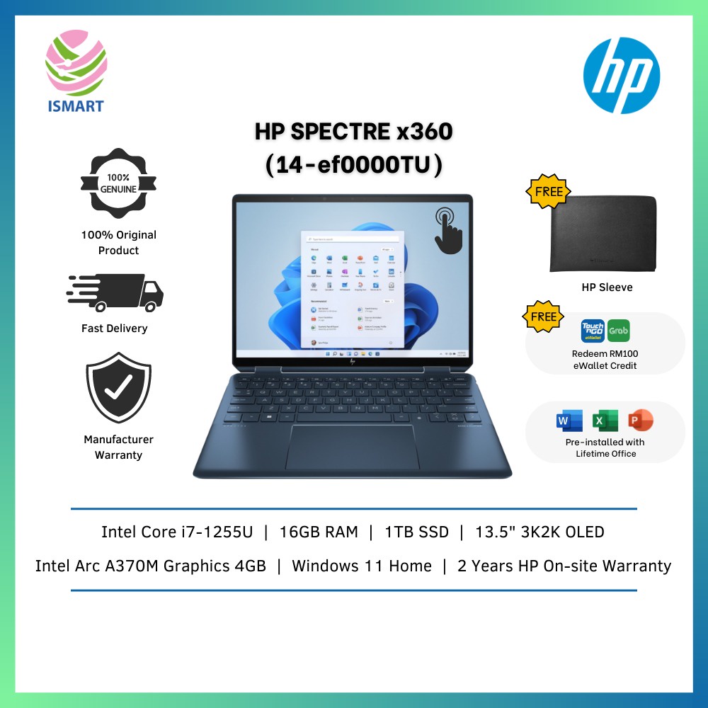 HP 2In1 Laptop Spectre X360 14Ef0000TU 13.5" 3K2K OLED Touch Blue