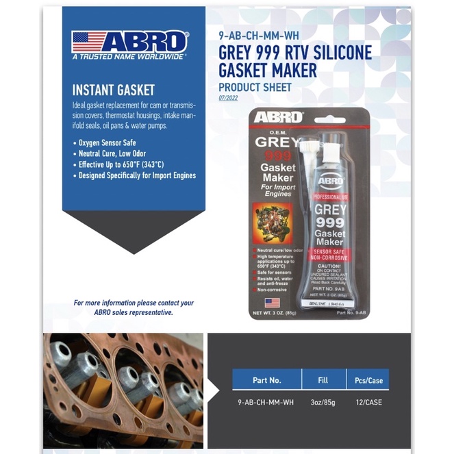 Abro Grey 999 RTV Silicone Gasket Maker (9AB & 9AB42) MADE IN USA