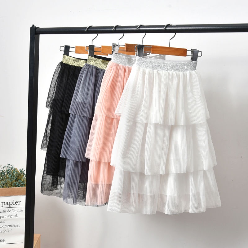 Kids Mesh Skirt Tutu Skirt Kids Skirt Budak Perempuan Layered Dress Pleated White Skirt（Order one size larger）