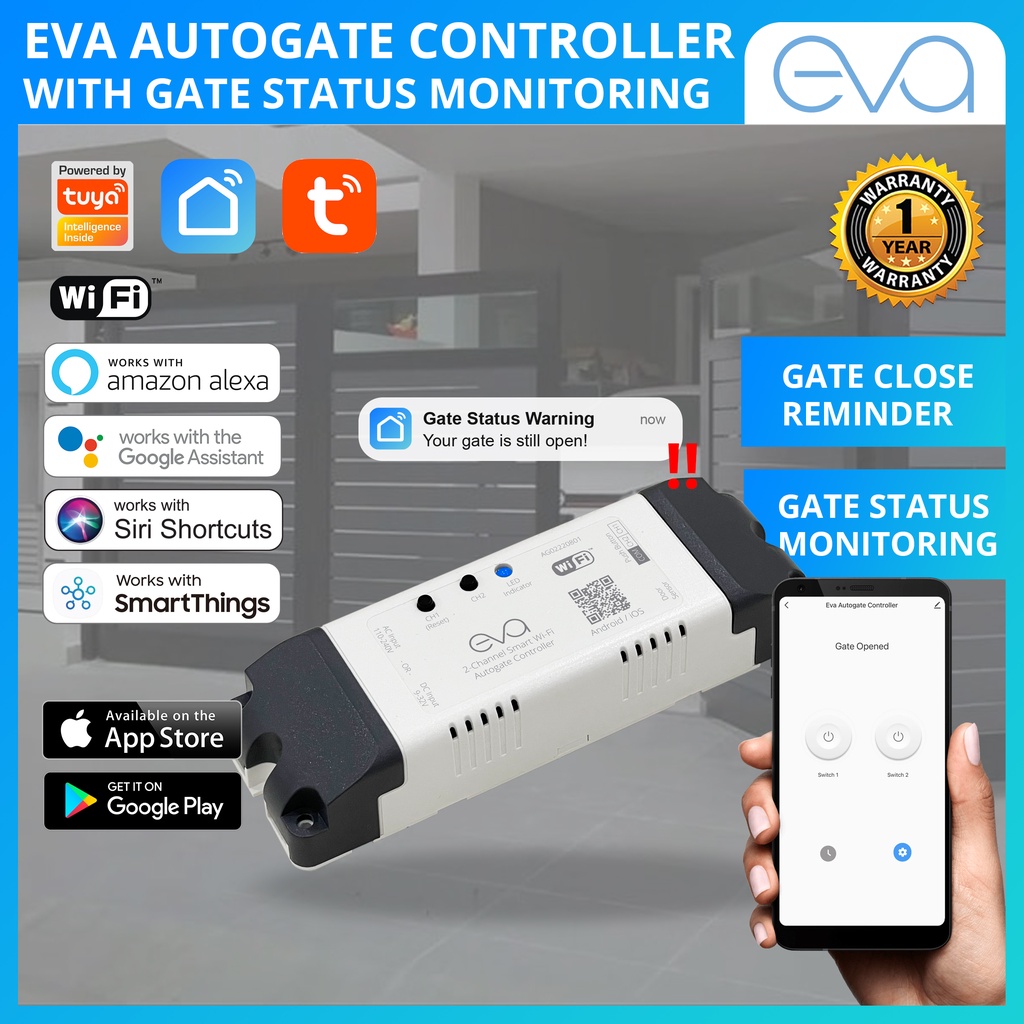 Eva WiFi 2-Channel Autogate Smart Controller works with Tuya Smart Life App support Alexa / Google / Siri / SmartThings