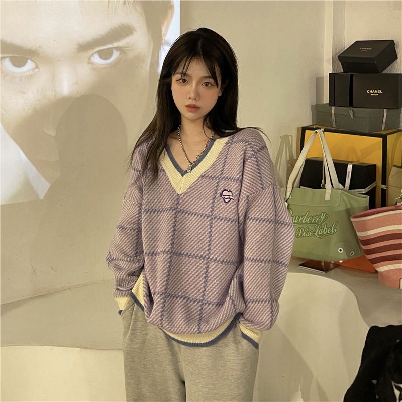 [Ready Stock] Autumn 2022 New Korean Academy Style Sweater Loose V-Neck Long Sleeve Sweater Women'S Purple Knitted Sweater Top