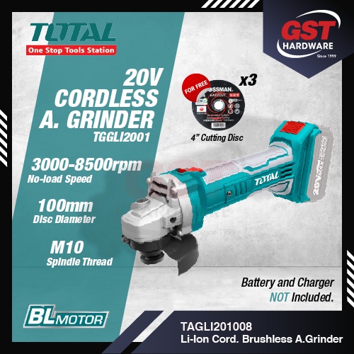 Total Liion Cordless Angle Grinder Speed Control 20V TAGLI201008 Cordless Grinder Adjustable