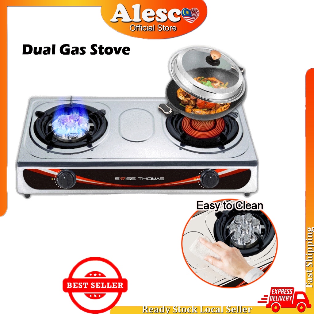 Alescomall Dual Gas Stove Stainless Steel Infrared Burner 8 Jet Head Nozzle LPG Cooktop