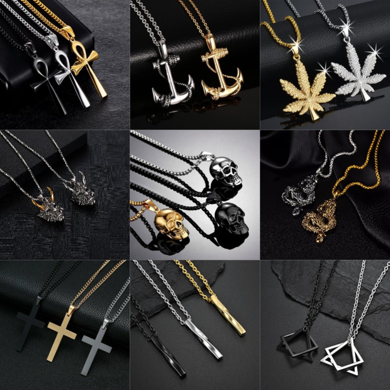 Hip Hop Stainless Steel Cuban Chain Necklace Vintage Geometric Anchor Spear Head skull Pendant Necklace For Men