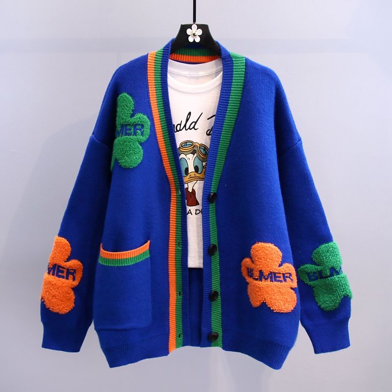 [Ready Stock] Klein Blue Contrast Floral Sweater Women'S 2022 Spring And Autumn New Relaxed Lazy Air Knitted Cardigan