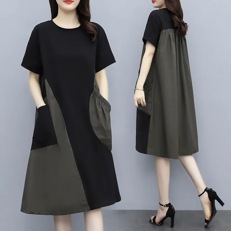 女装大码连身裙 dress korean long skirt woman dress for Women New Summer Large Size casual dress for Women Short Sleeved A-line Skirt  CONTRAST PANEL DRESS