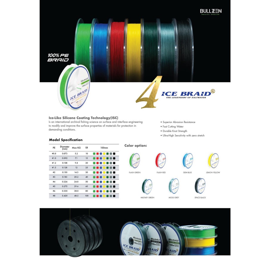 BULLZEN ICE BRAID 4 100M FISHING LINE. COLOUR MILITARY GREEN, GREY