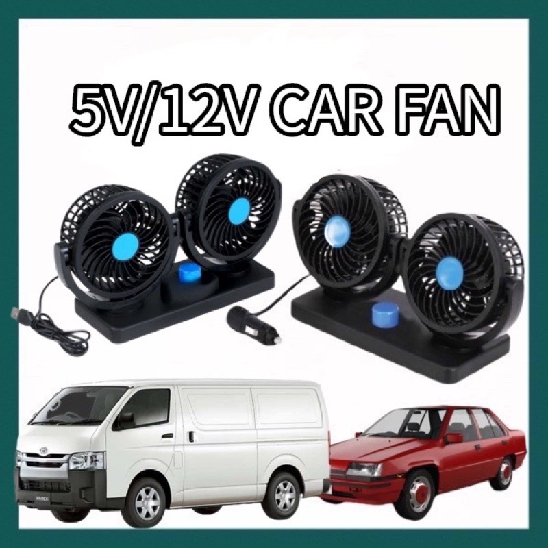 USB Car Fan 5V 12V Car Fan Double Head Dual Speed Vehicle Car Desk Table Fan Kipas USB Kereta