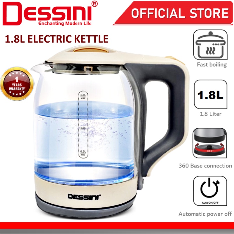 DESSINI ITALY Glass LED Light Electric Kettle Automatic Cut Off Boiler Jug Teapot Cerek (1.8L)