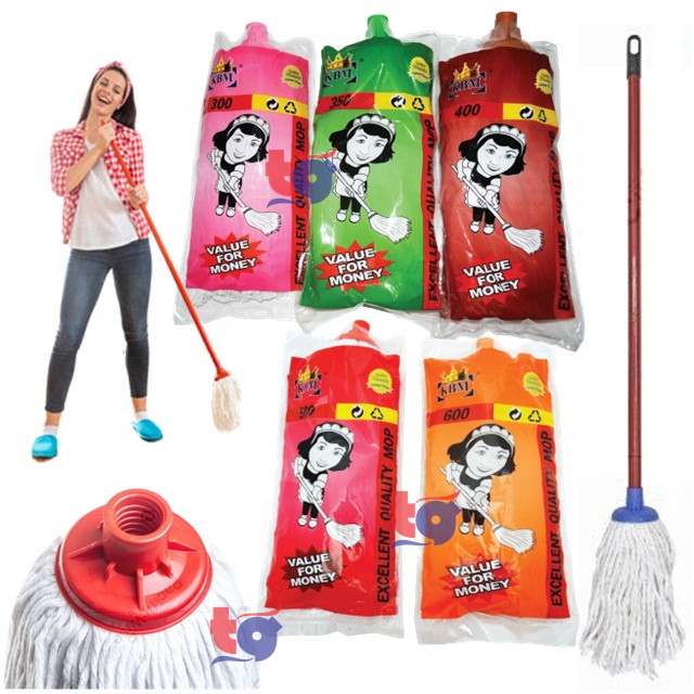 White Cotton Mop with Wood Handle / Mop Lantai Putih / Batang Kayu