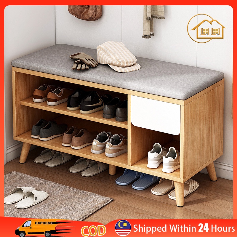 LIWooden Shoes Storage Rak Kasut Footstool Shoes Shoes