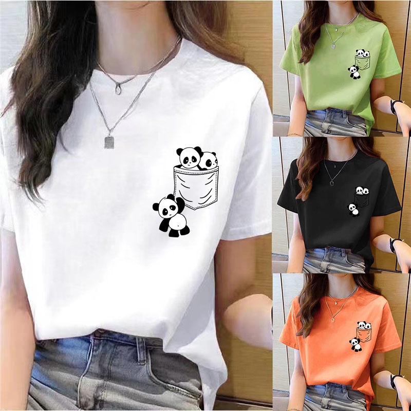 新年衣服女装时尚韩版上衣T恤女Women Short Sleeve Top Summer New pocket panda Cartoon Printed T-shirt korean fashion women tops  Loose round neck t shirt women