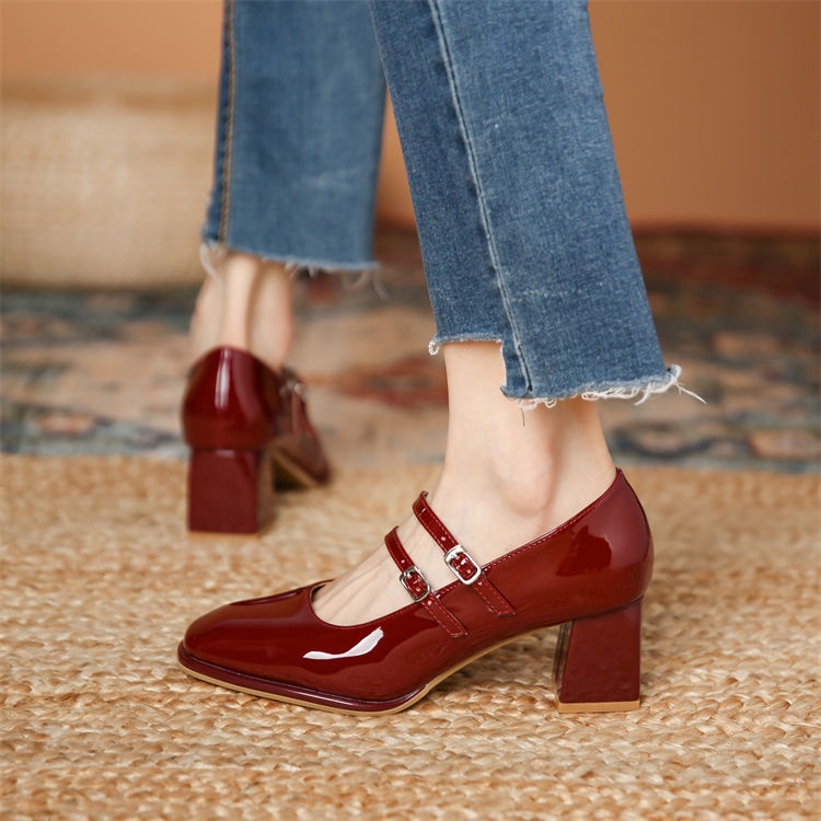 2024 Raya Wine Red Mary Jane Shoes Women's Square Toe Low-Cut Vintage French Chunky Heel High Heels