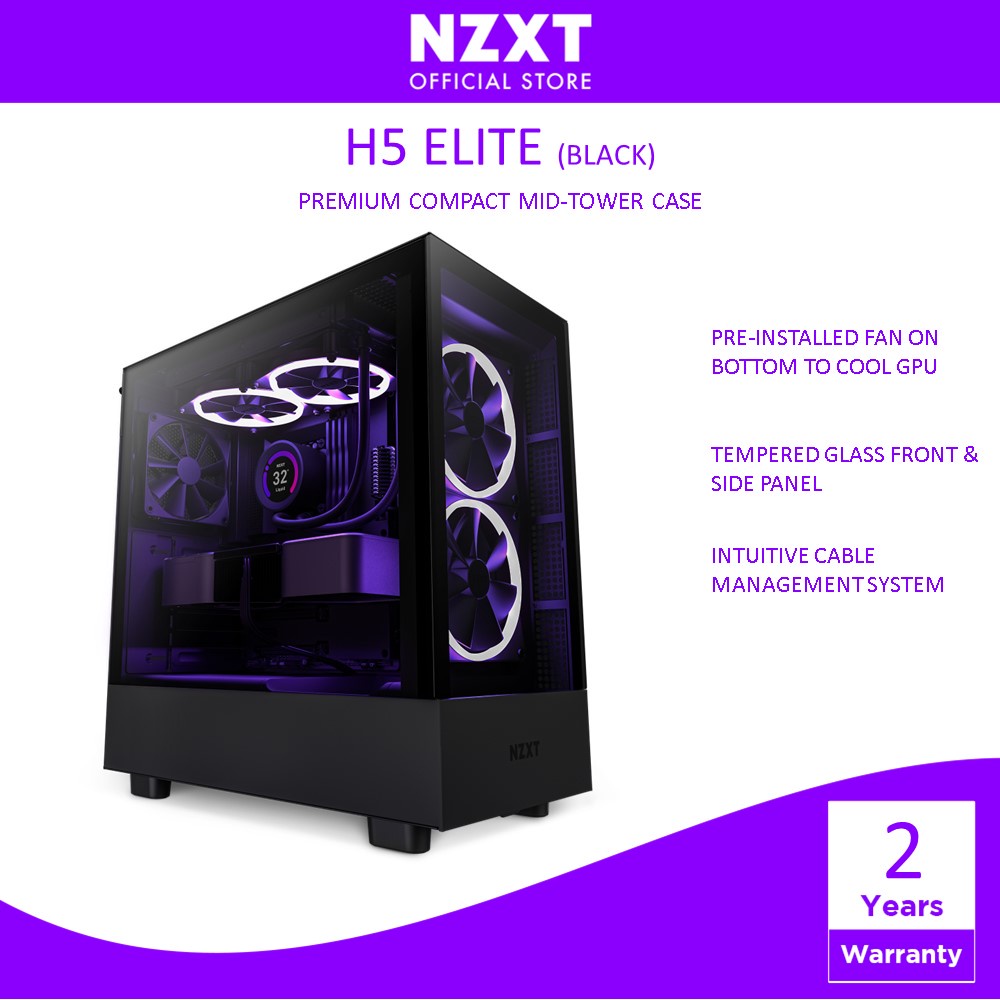 NZXT H5 Elite Premium Compact Mid-Tower Desktop PC Gaming Case - Black ...