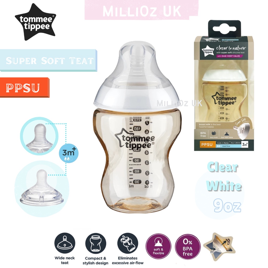 Tommee Tippee Super Soft Teat PPSU Durable 9oz (260ml) Clear White with