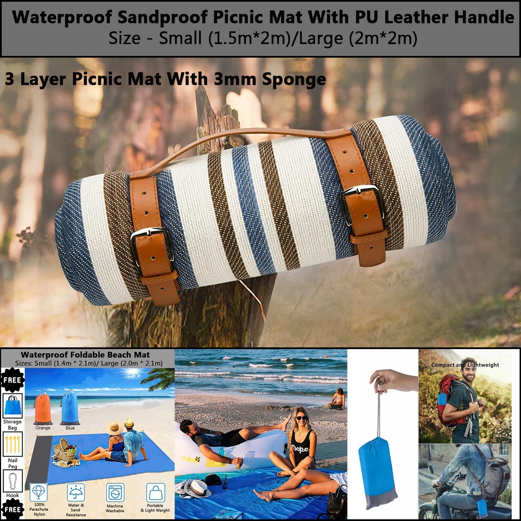 Coya Cozy Double/Three Layer Waterproof Sandproof PU Leather Handle Picnic Mat Outdoor Camping Beach Mat Picnic Blanket