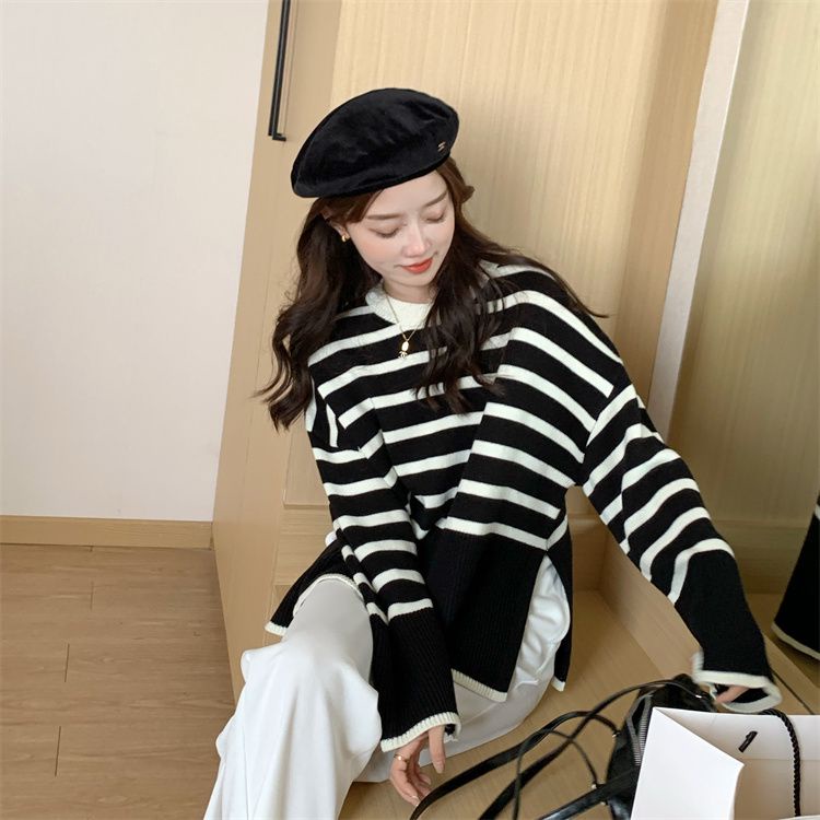 [Ready Stock] Stripe Long Sleeve Knitwear Sweater Women'S Early Autumn 2022 New Korean Version Loose Side Split Sweater Lazy Style