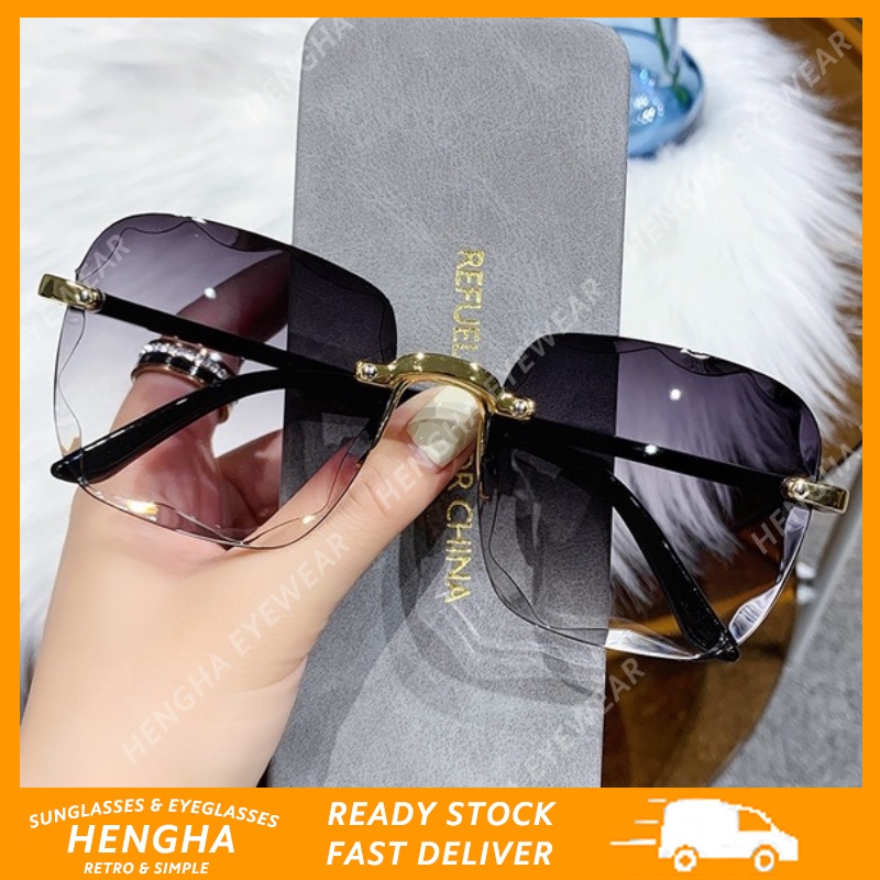 (HENGHA) New Sunglasses for Women Fashion Rimless Beach Gradient Sunglass Original Lady Retro Branded Shades UV400 Eyeglasses