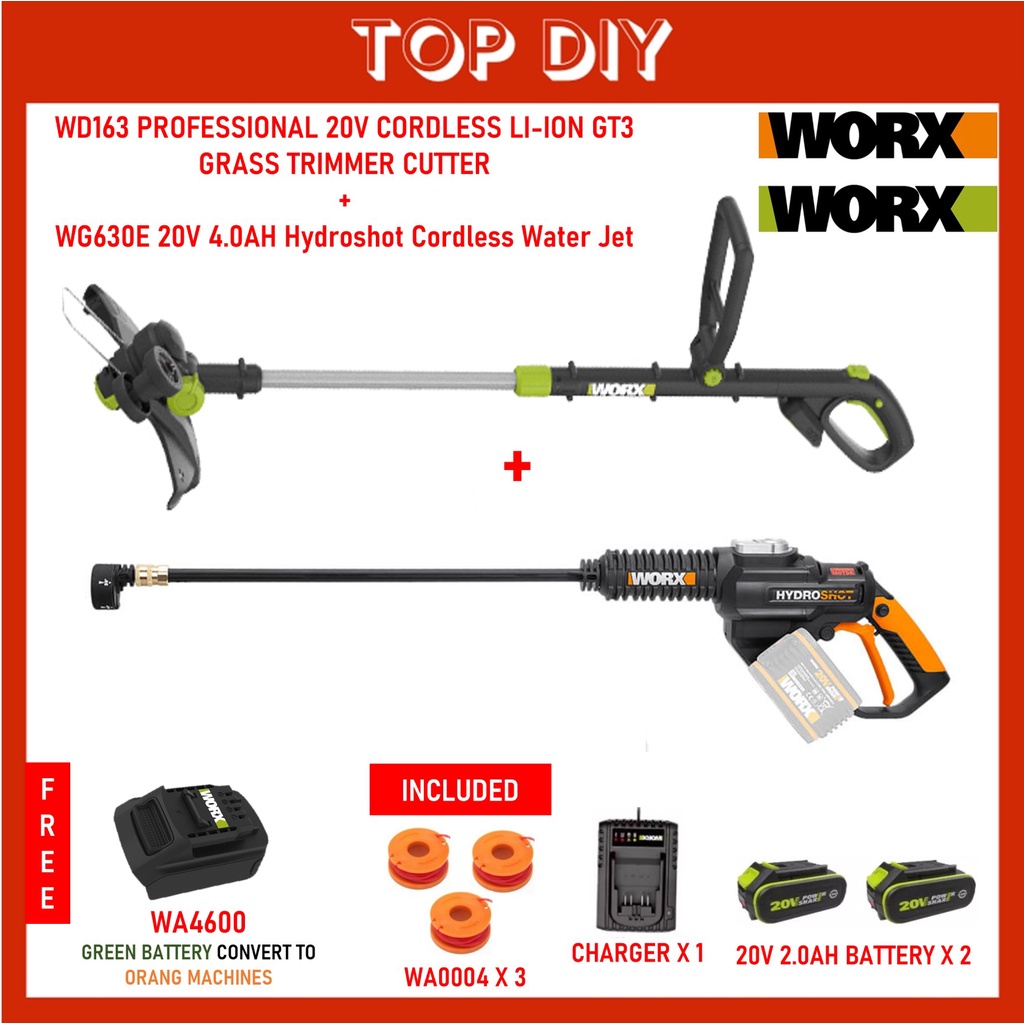 WD163 PROFESSIONAL 20V CORDLESS LI-ION GT3 GRASS TRIMMER CUTTER + WG630E 20V 4.0AH Hydroshot Cordless Water Jet