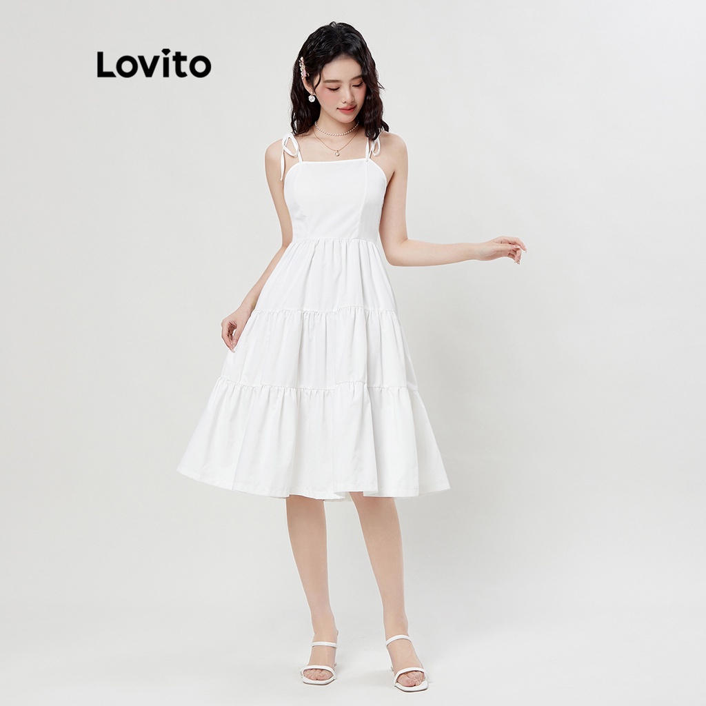 Lovito Casual Plain Spaghetti Straps Layered Hem Women Dress L33ED024