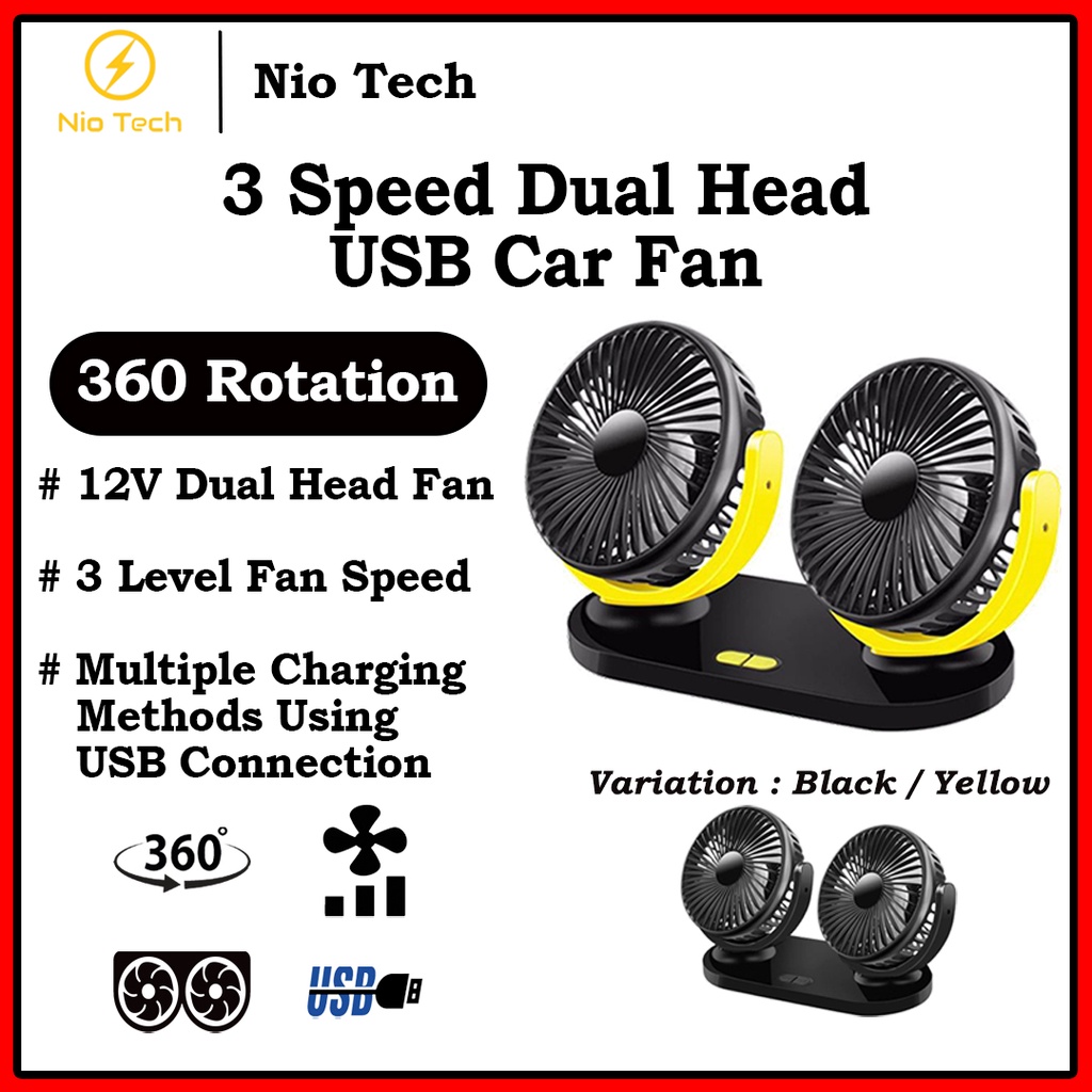 NioTech Car Fan Truck Fan Air Conditioning 3 Speed USB Fan Dual Head Rotating Silent USB Mini Car Fan 汽车风扇 USB风扇