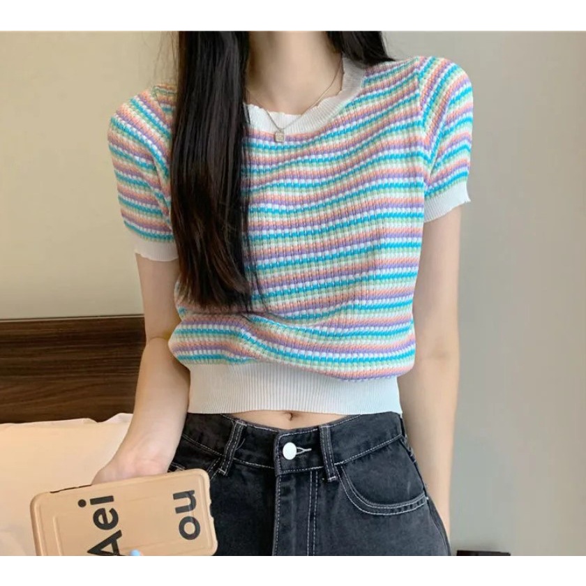 SA6242 -M'SIA Stok Sedia Fesyen Baju Wanita.Ready Stock Knitted Material Women Top 条纹针织短袖T恤