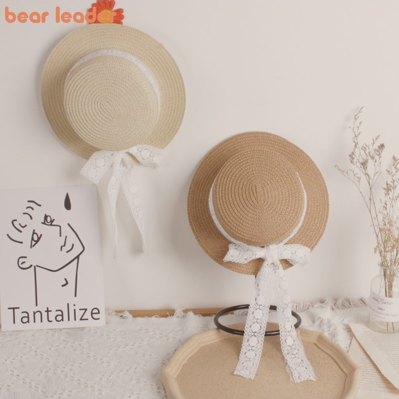 Bear Leader New Summer Children's Straw Hat Girls Breathable Lace Hat Bow Travel Sun Hat