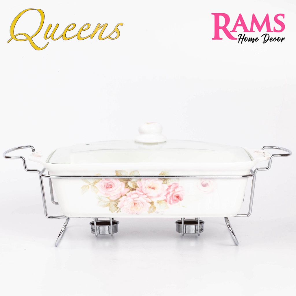 Queens 3L Premium Porcelain Chafing Dish with Metal Rack / Bekas Makanan - Garden of Roses / Purple Pansy / Golden Daria