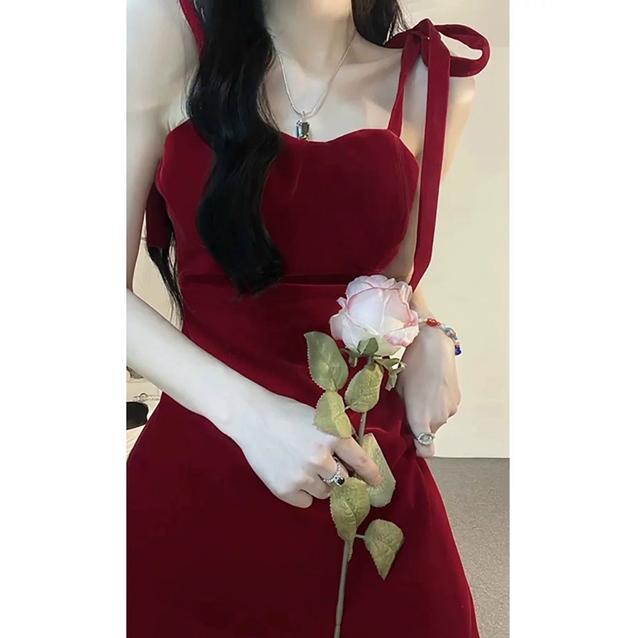 Velvet red Dress with spaghetti straps Gary Dress style