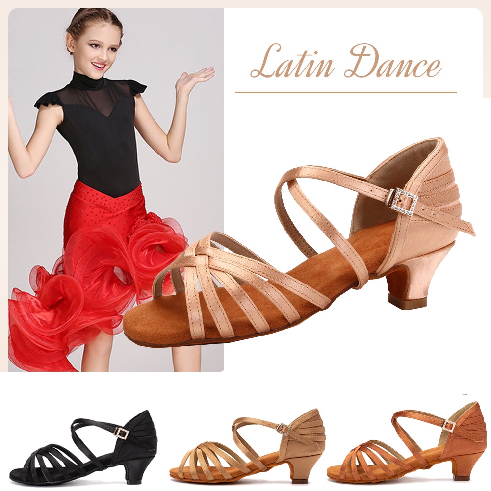 Low Heel 4cm Girls Latin Dance Shoes Ballroom Salsa Tango Practice Dancing Shoes Indoor 女士女童經典拉丁練習舞蹈鞋比賽表演舞蹈鞋