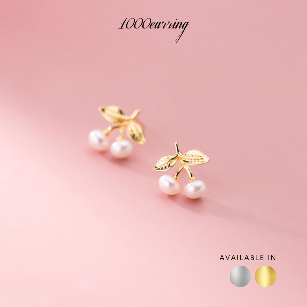 1000earring 925 Sterling Silver Pearl Cherry Stud Earrings - Gold/Silver