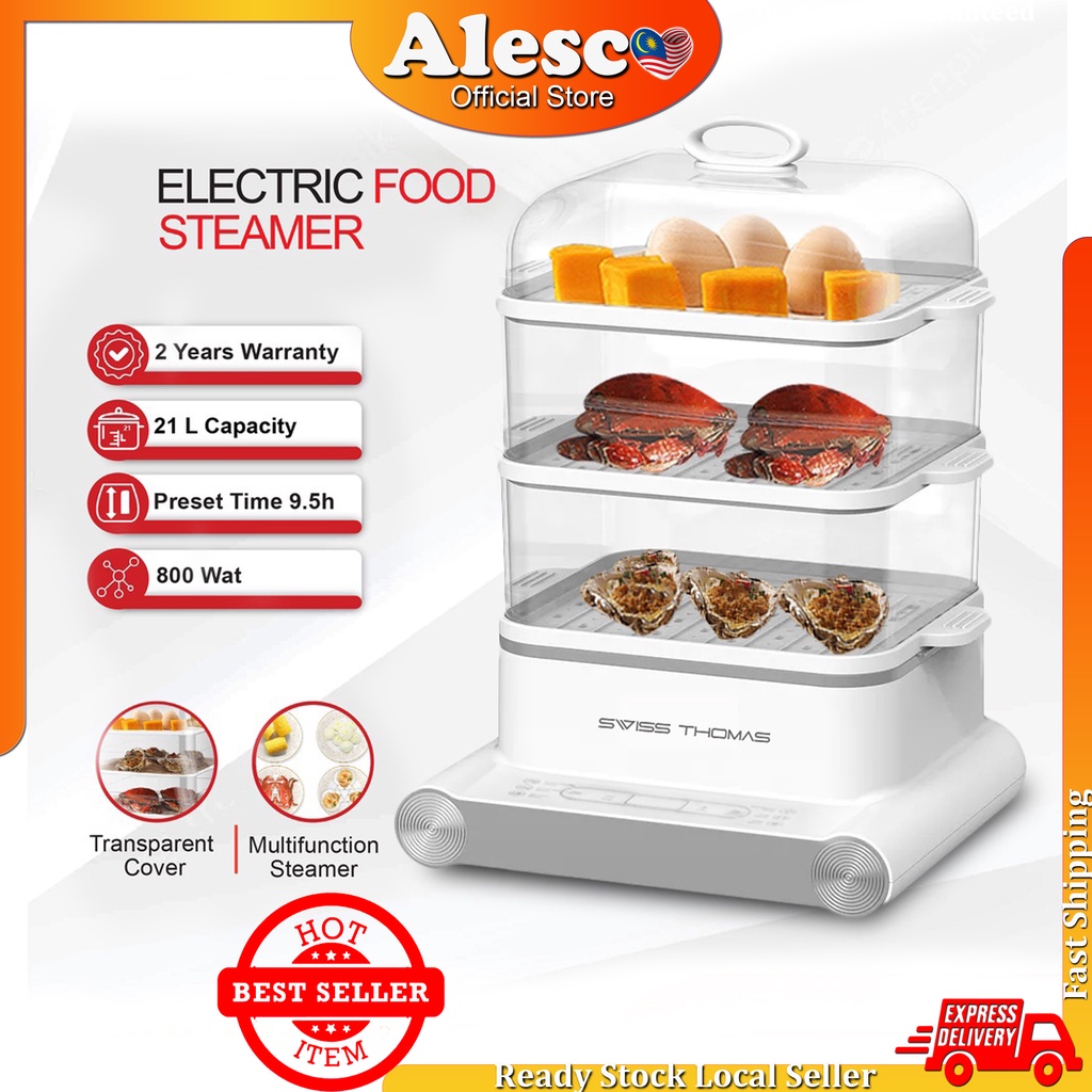 Swiss Thomas Electric Food Steamer 3 Tier 21L Transparent Cover