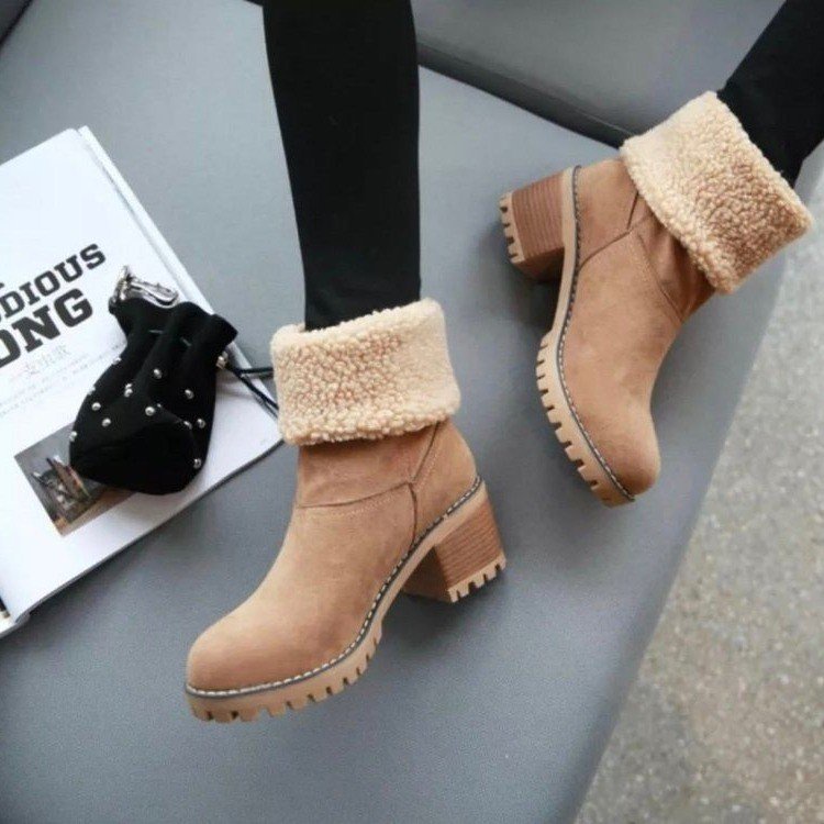 Vintage Chelsea boots mid-tube chunky heel winter snow boot retro cotton boots for women