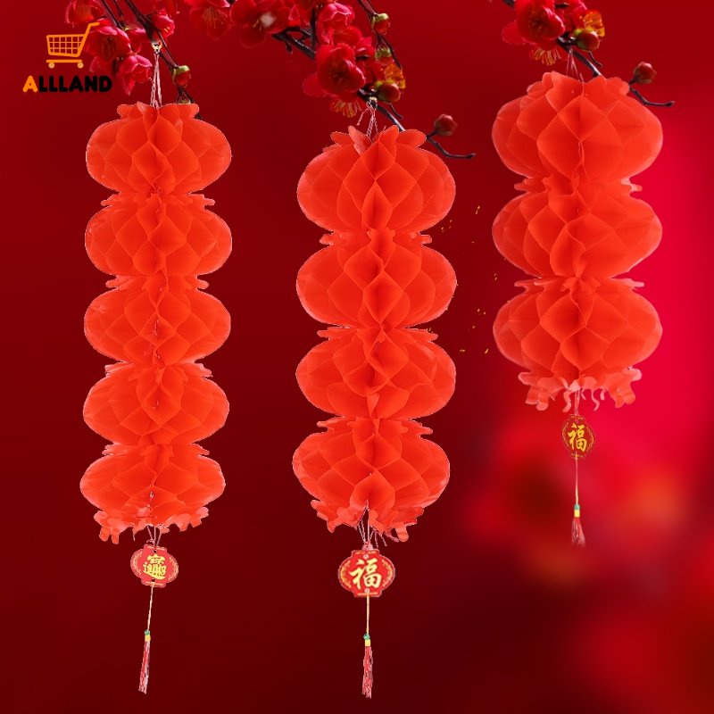 Creative String Honeycomb Red Paper Lanterns/ Waterproof Plastic Oil Paper Hanging Lanterns/ Chinese Spring Festival Home Decor