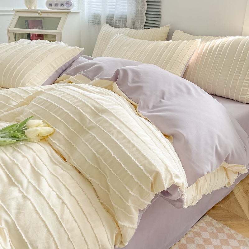 4 IN 1 Simple Strip Style Bed Sheet Set Solid Color Cuting Flower