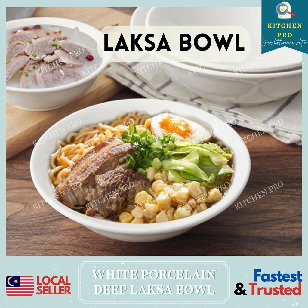 | White Porcelain Noodle Soup Bowl / Ceramic Laksa Bowl / Prawn Mee Bowl / Mangkuk Sup Seramik Putih / 反口碗