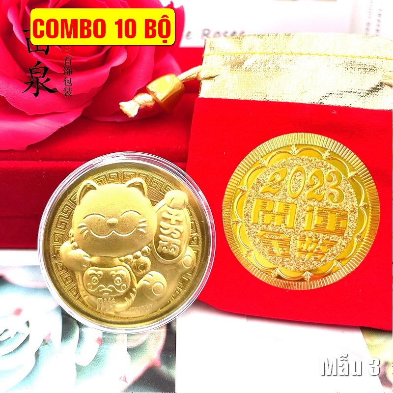 [Cheaper] Combo 10 Gold Cat Coins, Free Red Brocade Bag 2023 - Model 3