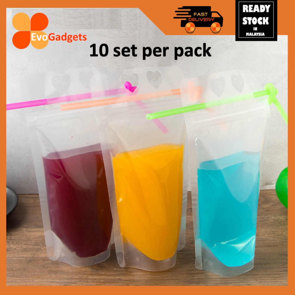 EvoGadgets (10 Set/Pack) Drink Pouches with Straws, Juice Pouches Bags